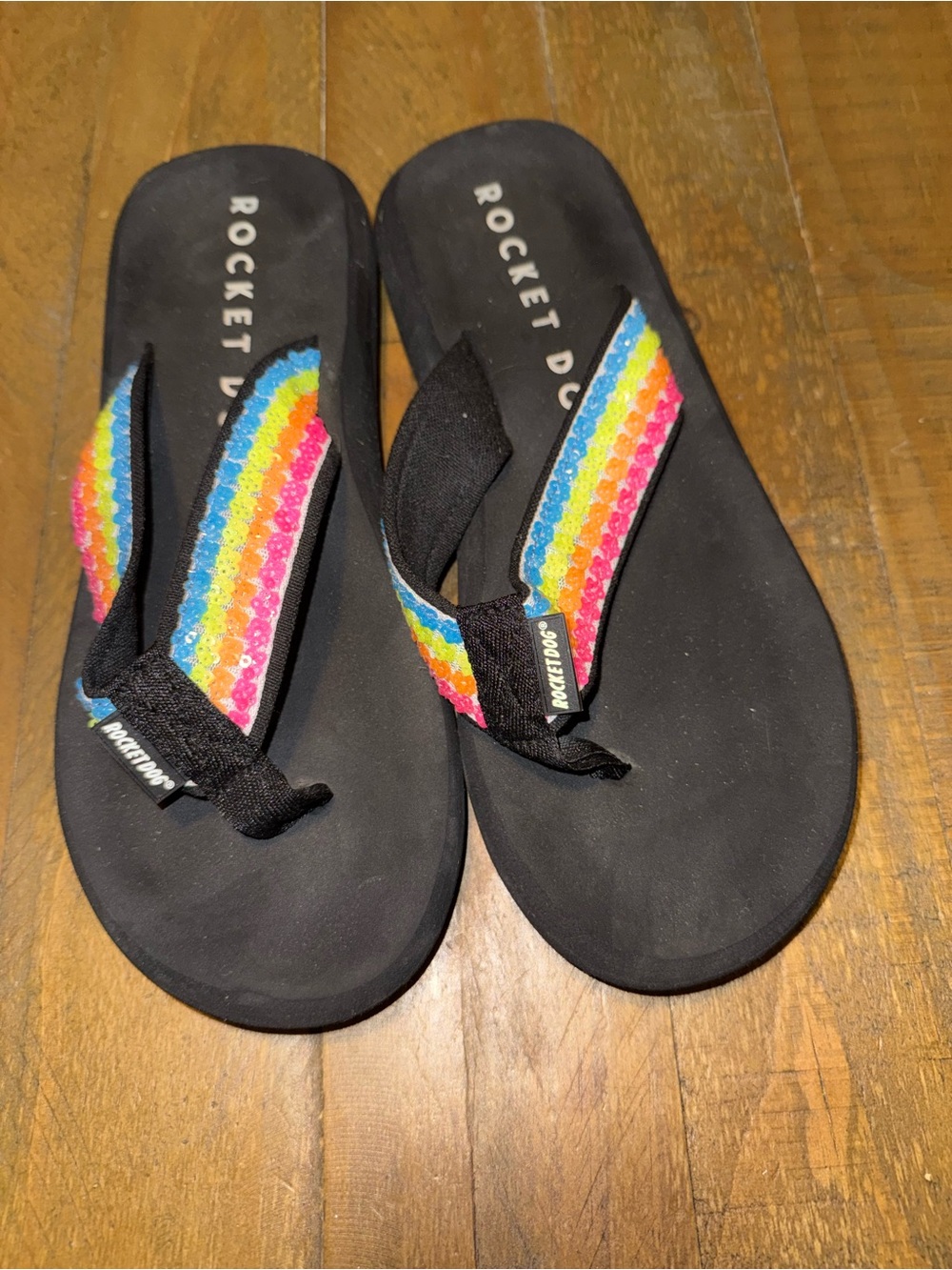 Rocket Dog Black Flip Flops with Rainbow Sequin Straps